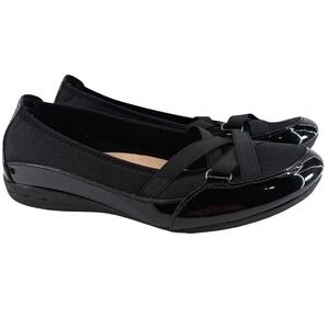 Earth Spirit Black Ballet Flats Mesh Patent Toe Elastic Strap Comfort Shoes 9